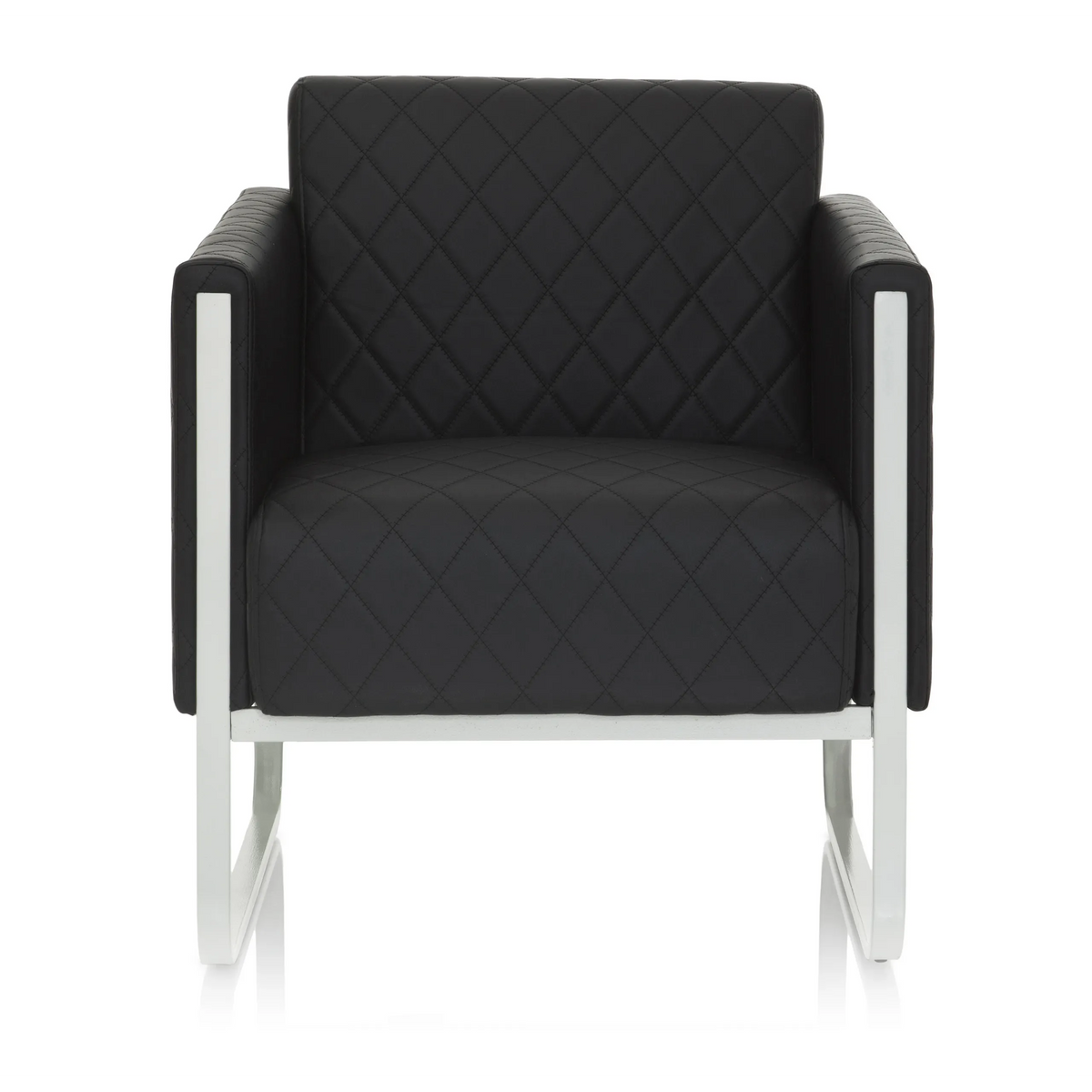 Black upholstered armchair ARUBA STEP with diamond stitching and silver-coloured frame by hjh OFFICE – 360-degree view (front view 0°)