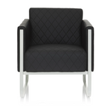 Black upholstered armchair ARUBA STEP with diamond stitching and silver-coloured frame by hjh OFFICE – 360-degree view (front view 0°)