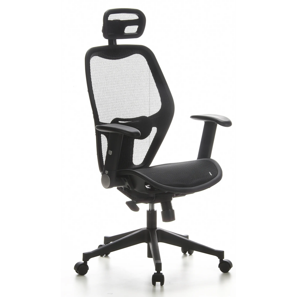 Black Professional Office ChAIR-PORT with mesh back, headrest and five-caster base by hjh OFFICE – 360-degree view (front three-quarter view 40°)
