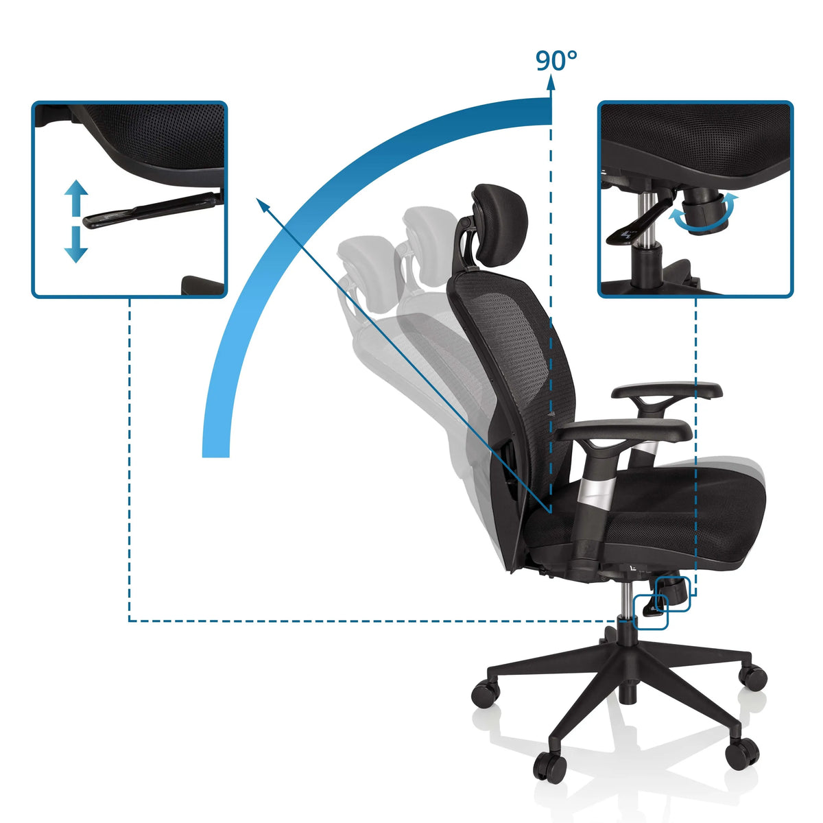Adjustable backrest with 90° angle of the High End Office Chair VENUS BASE in black by hjh OFFICE