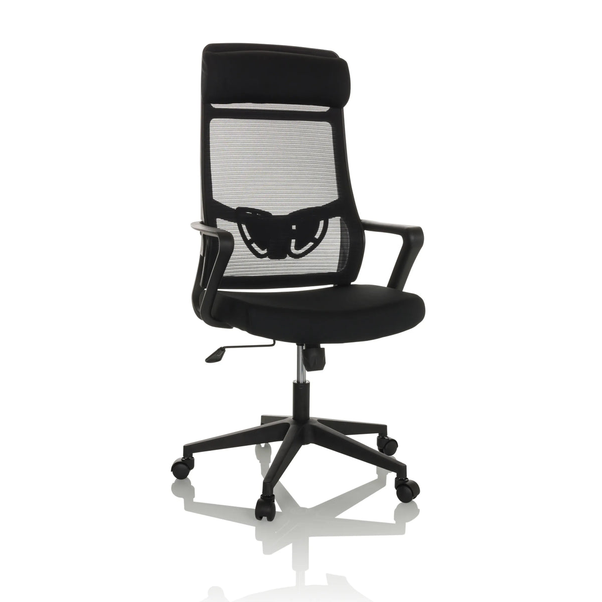 Black Home Office Chair NEKEO with mesh back and five-caster base by hjh OFFICE – 360-degree view (front view 15°)