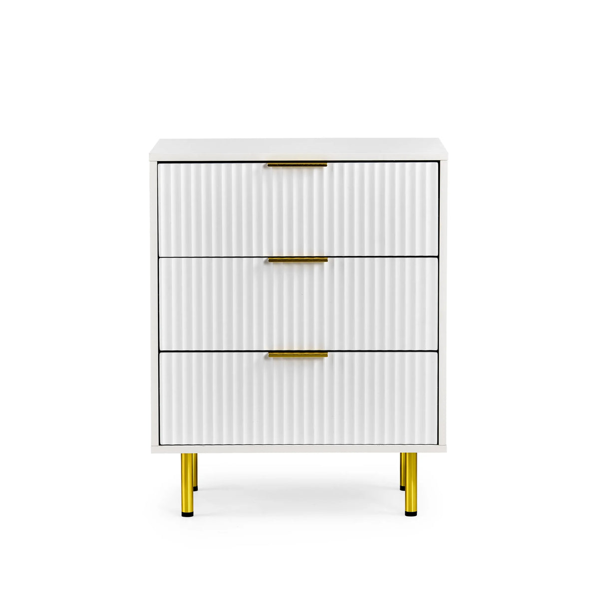 White Hjelle K chest of drawers with three ribbed drawers, golden handles and four gold-coloured feet by hjh LIVING – 360-degree view (front view 0°)