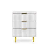 White Hjelle K chest of drawers with three ribbed drawers, golden handles and four gold-coloured feet by hjh LIVING – 360-degree view (front view 0°)