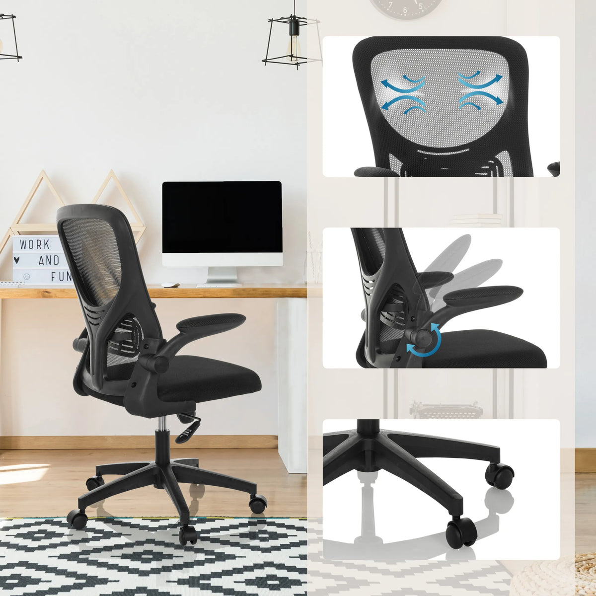 Home Office Chair BELIO in black with mesh backrest, adjustment mechanism and castor base by hjh OFFICE