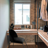 Black upholstered chair VELVO with slender metal legs in front of a wooden dressing table by hjh OFFICE