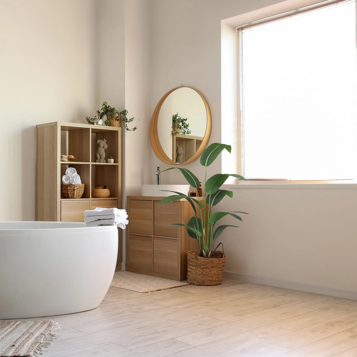 Green artificial plant STRELITZIA in a woven basket in the bathroom by hjh OFFICE