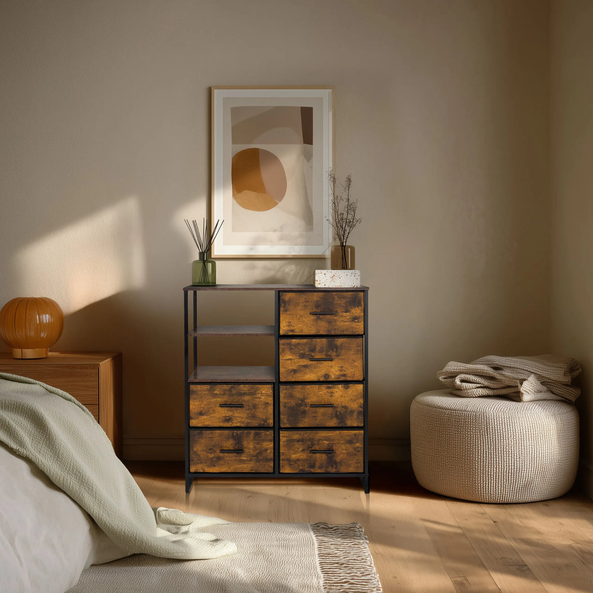 Chest of drawers RAGALA in smoked oak with black metal frame and six drawers by hjh LIVING
