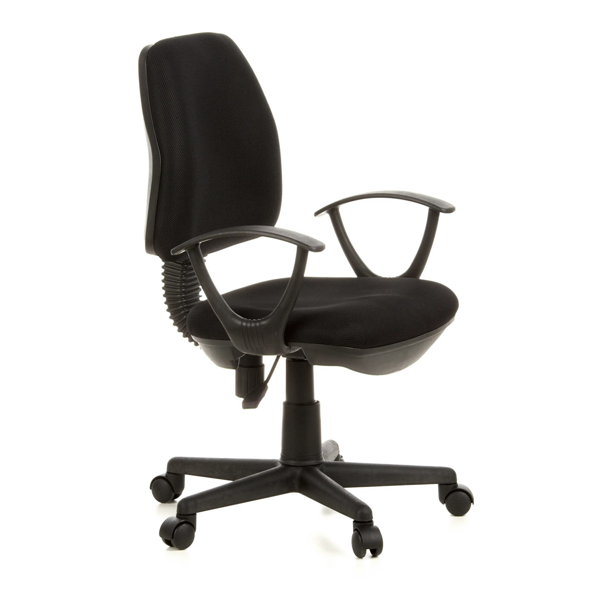 Black Home Office Chair CITY 10 with mesh back, armrests and five-caster base by hjh OFFICE – 360-degree view (front three-quarter view 60°)
