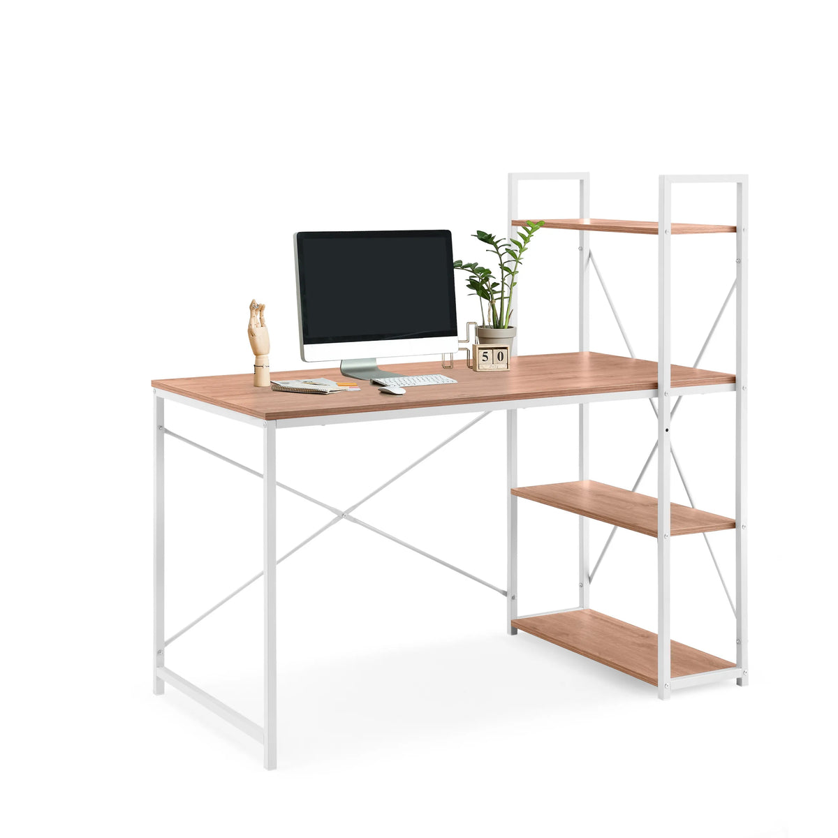 Office Desk Easy Up3 in white and oak with integrated shelf and three storage surfaces by hjh LIVING