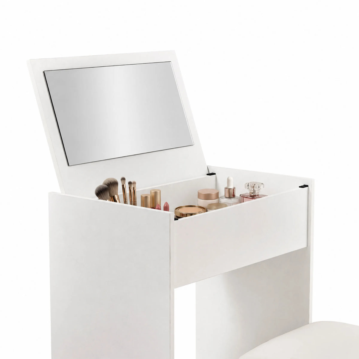 Open Glamdesk makeup mirror in white with integrated compartment for makeup accessories by hjh LIVING
