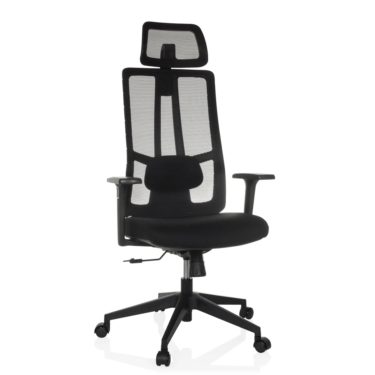 Black Professional Office Chair TRAMORE with mesh back and five-caster base by hjh OFFICE – 360-degree view (front view 15°)