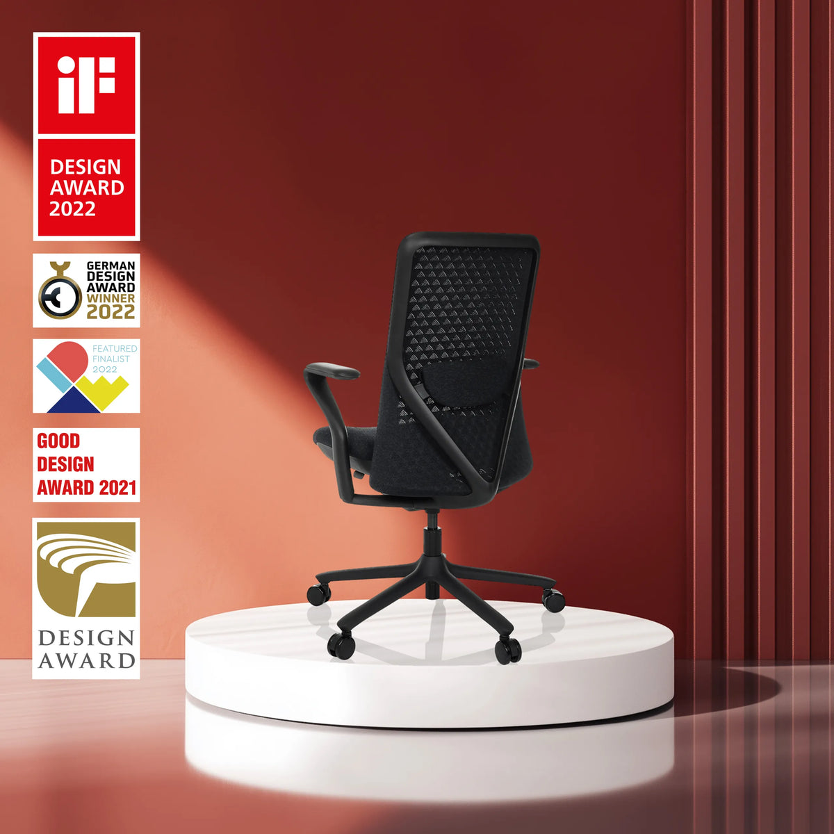 Black High End Office Chair VERVIO with mesh backrest on a white pedestal by hjh OFFICE