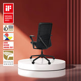 Black High End Office Chair VERVIO with mesh backrest on a white pedestal by hjh OFFICE
