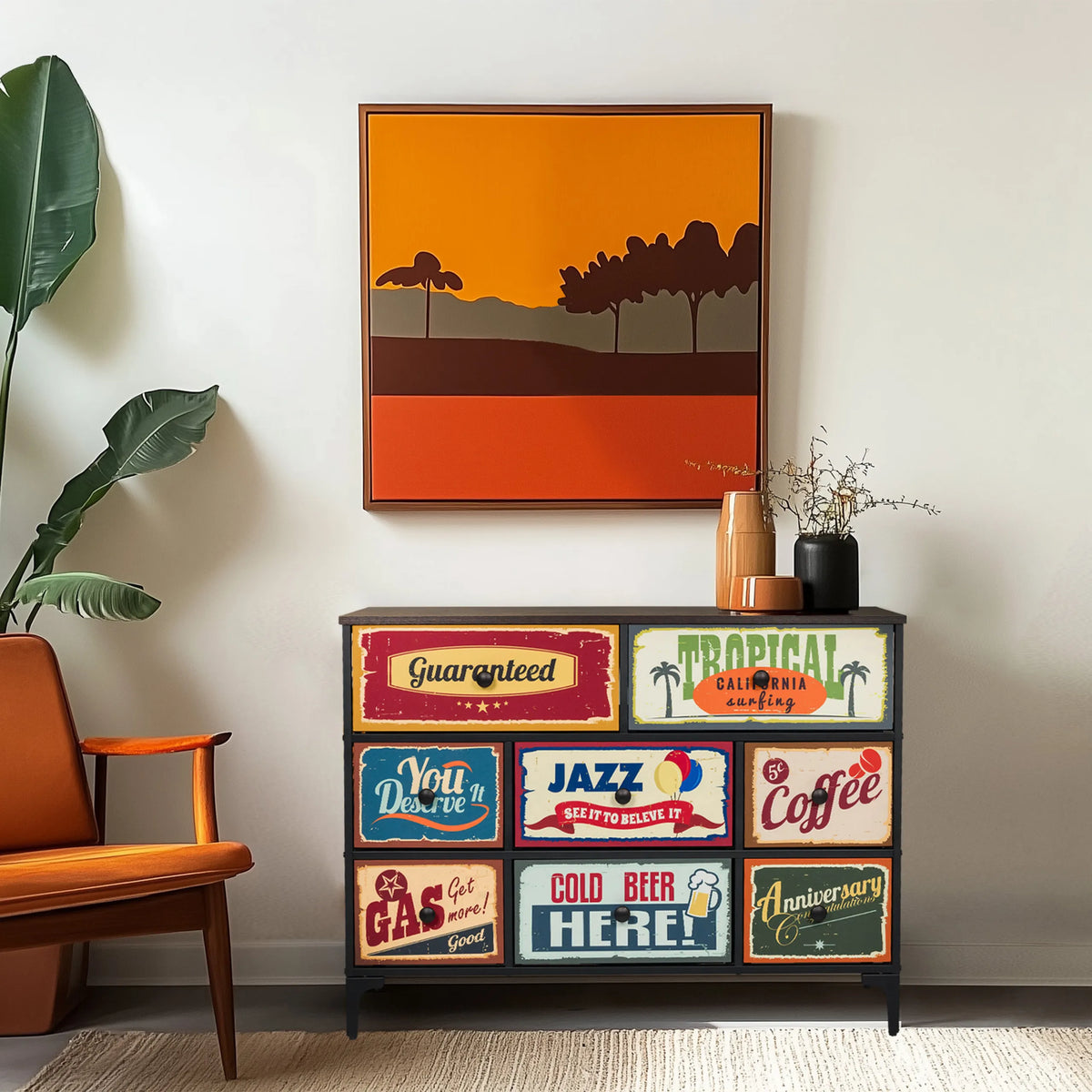 Chest of drawers AMERIKO B with colourful retro motif drawers and a black frame by hjh LIVING