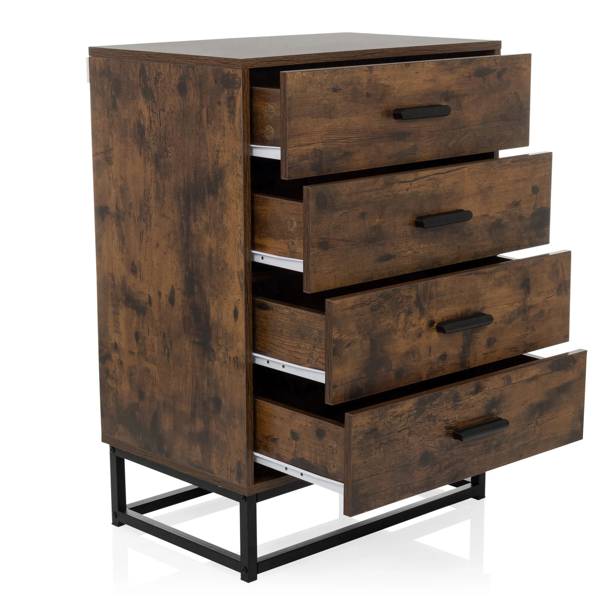 Brown chest of drawers VINSTRA with four extended drawers and black metal frame by hjh LIVING