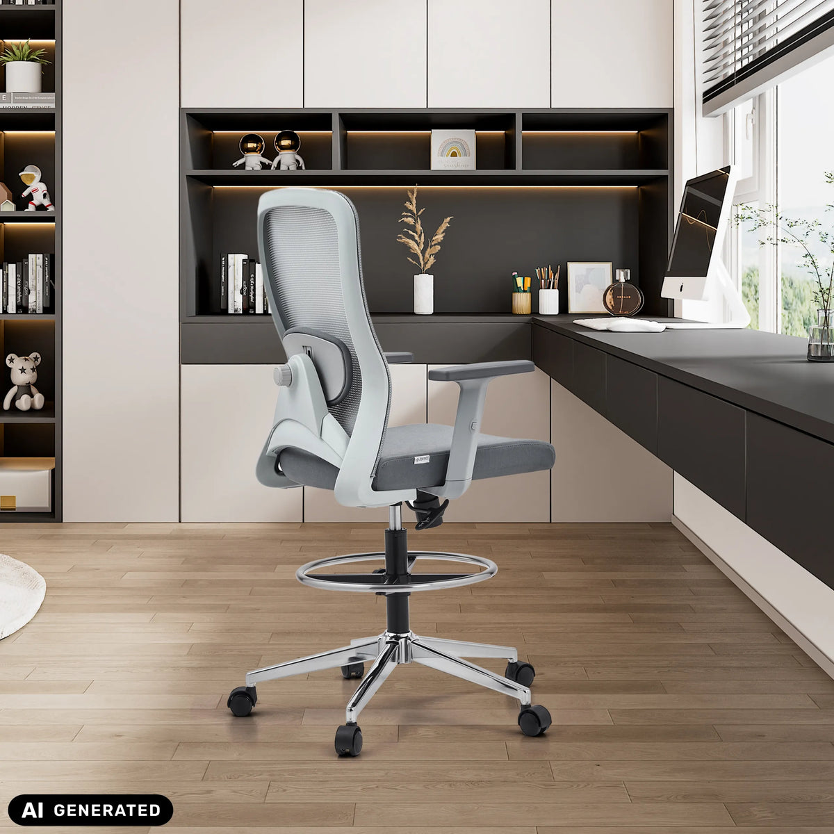 Grey Top Work 44 W counter chair with foot ring and mesh backrest by hjh OFFICE (AI-generated image)