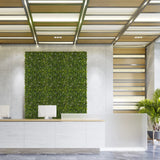 Green plant mat MORE GREEN I as vertical greenery on a light concrete wall in a reception area by hjh OFFICE