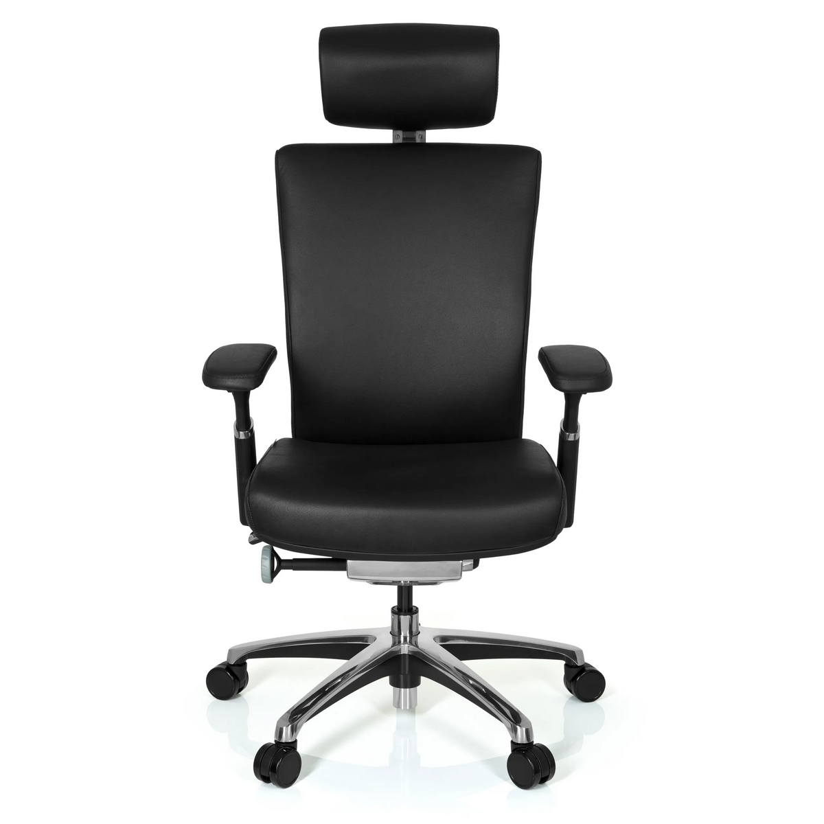 Black Professional Office Chair NOVA made of leather with headrest and five-caster base by hjh OFFICE – 360-degree view (front view 0°)