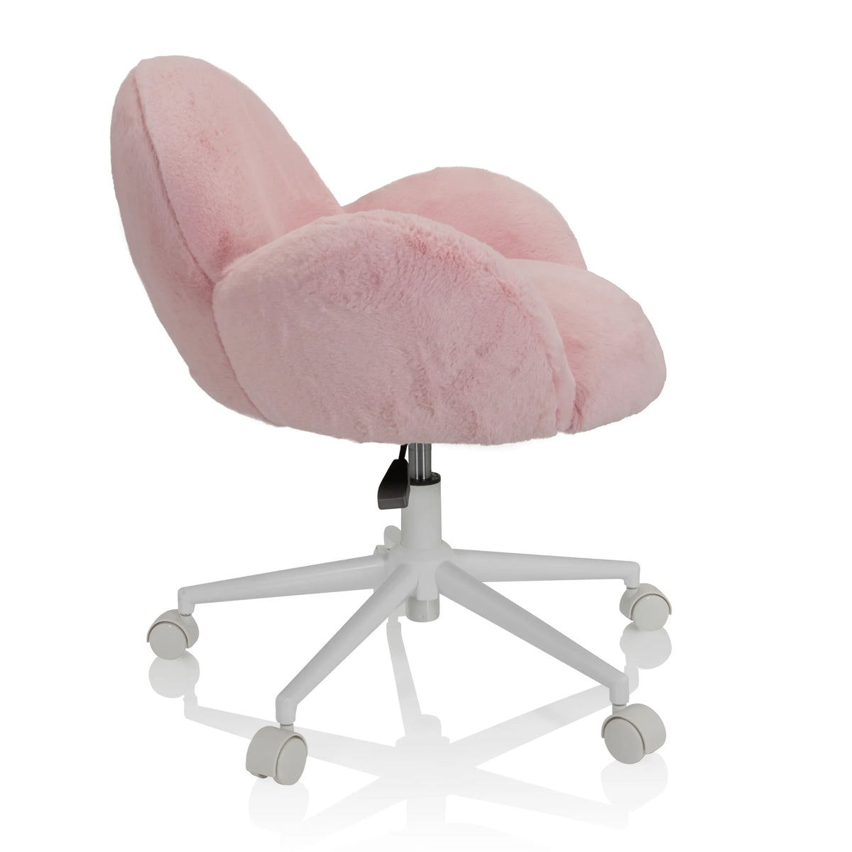 Pink Swivel Chair – Children KID TEDDY with fluffy cover and white five-caster base by hjh OFFICE – 360-degree view (side profile 80°)