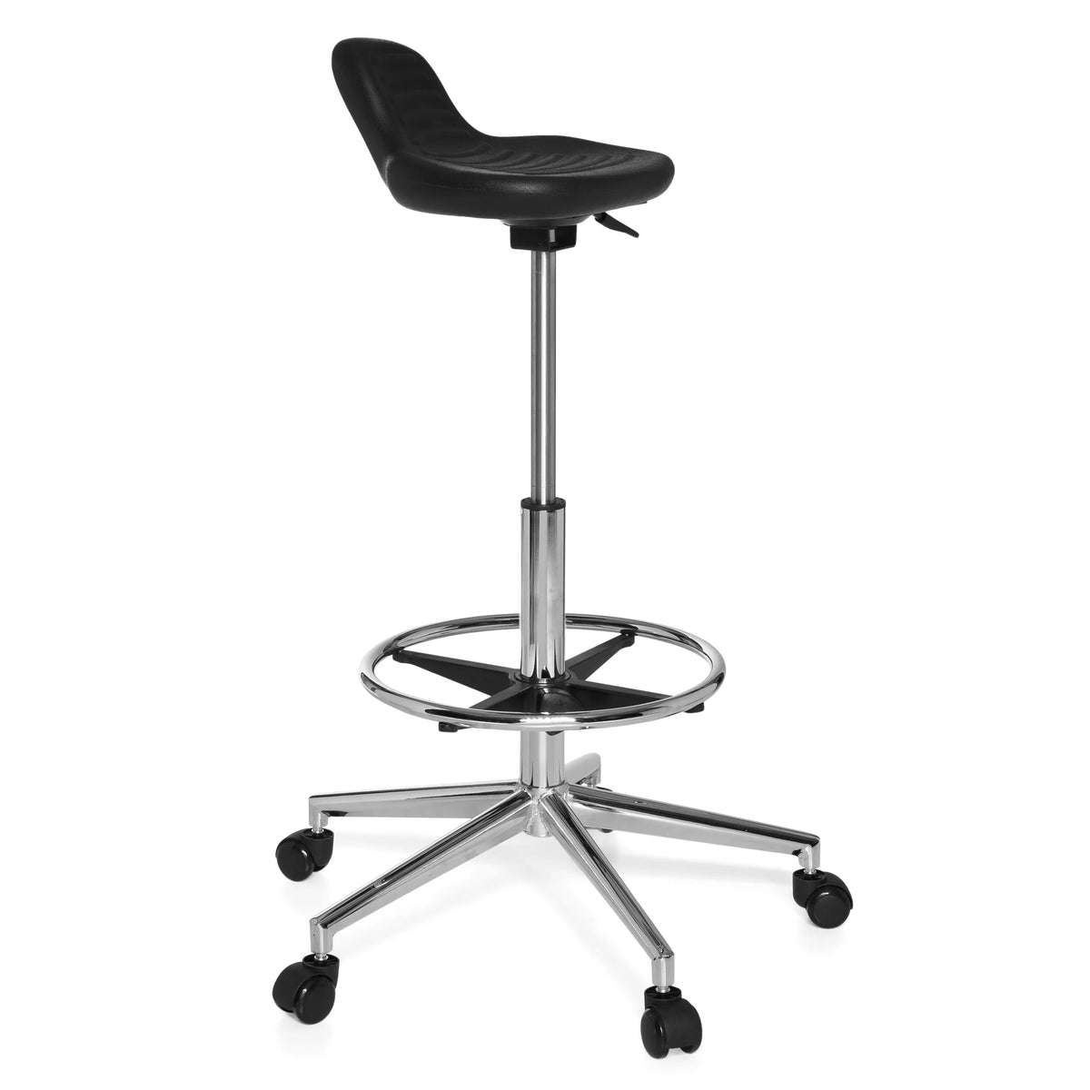 Black Swivel stool TOP WORK 03 with foot ring and five-caster base by hjh OFFICE – 360-degree view (front three-quarter view 60°)
