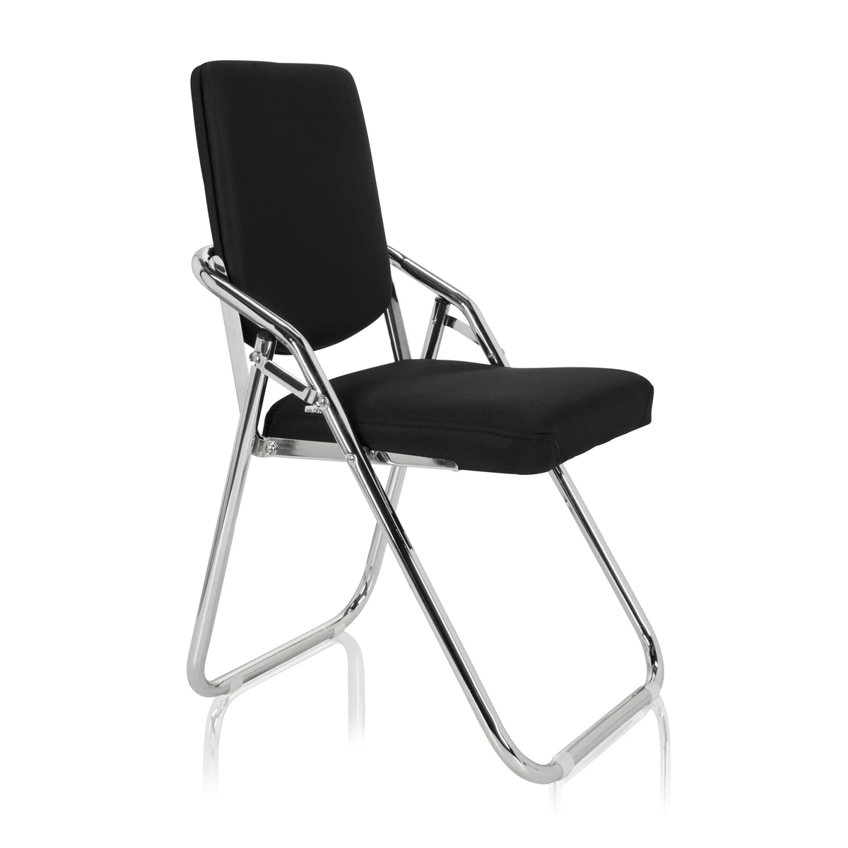 Black Folding chair ESTO with fabric cover and chrome frame by hjh OFFICE – 360-degree view (front three-quarter view 60°)