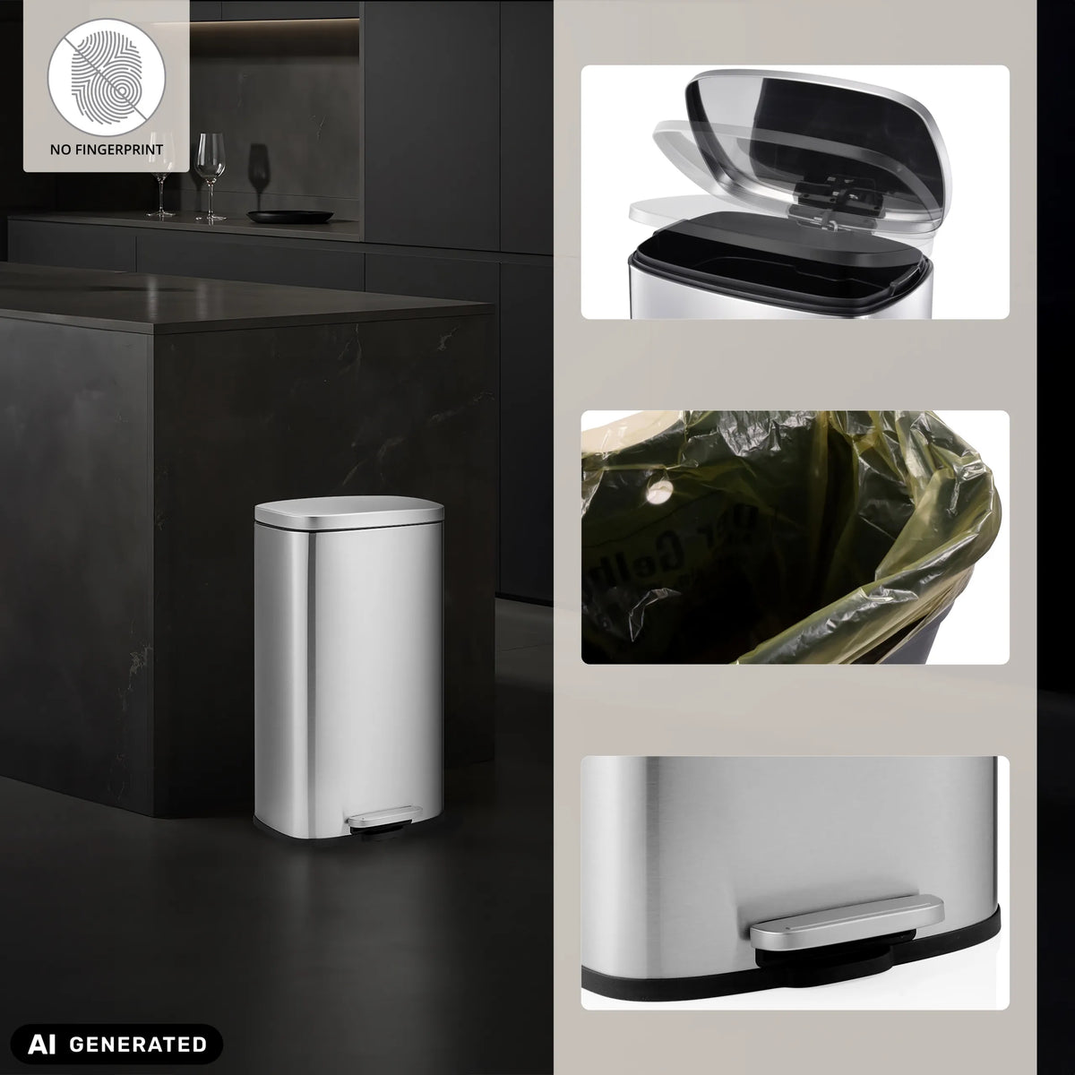 Silver Clean 15 wastepaper bin with foot pedal, bin liner holder and lid by hjh OFFICE (AI-generated image)