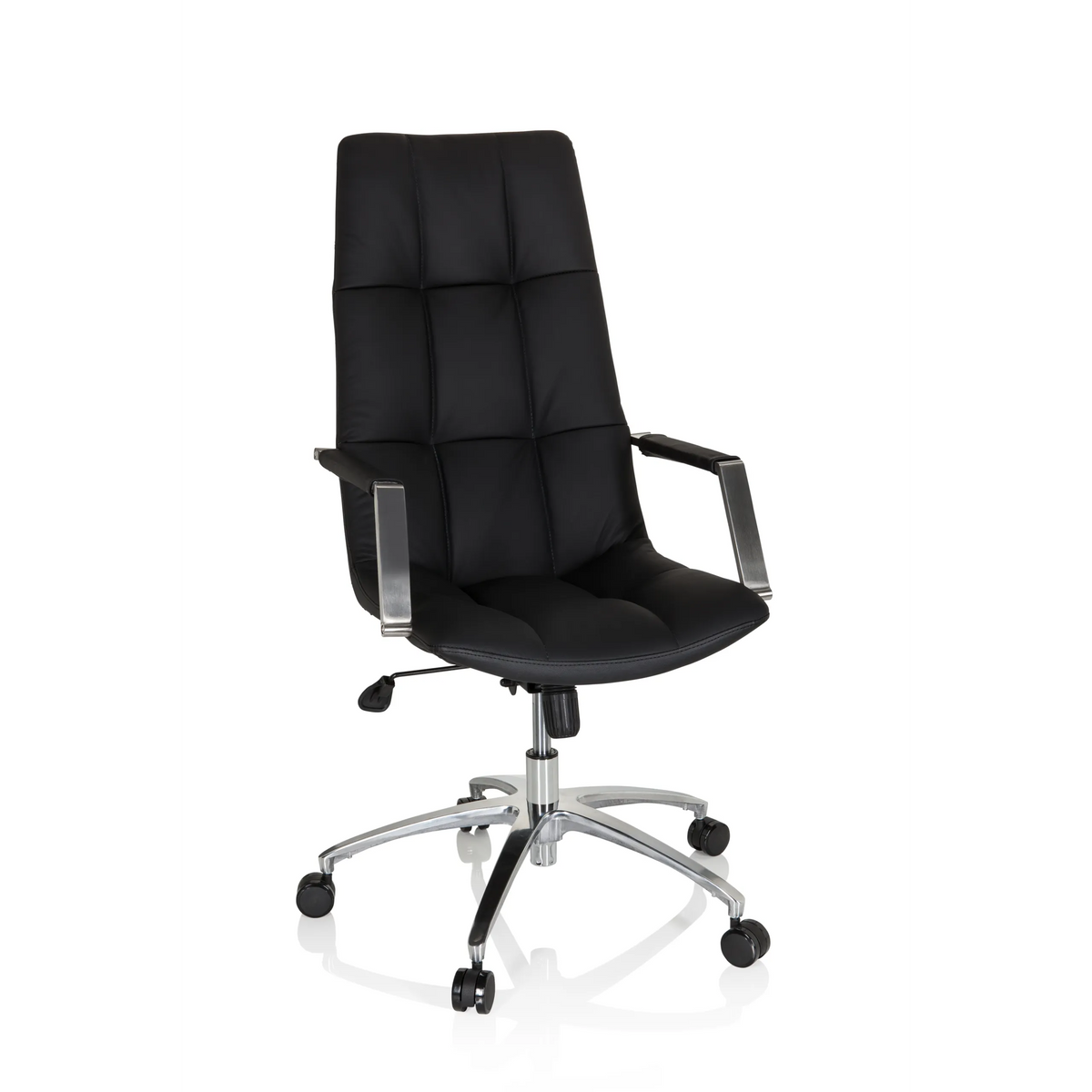 Black leather Home Office Executive Chair SARANTO PRO with glossy five-caster base by hjh OFFICE – 360-degree view (front view 19°)