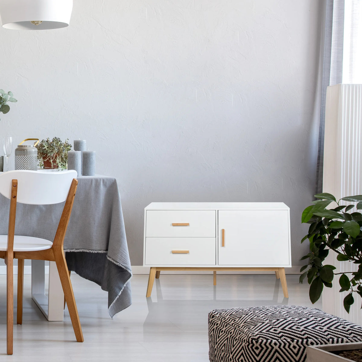 White Sideboard TAROLO with two drawers, one door and light wood legs by hjh LIVING