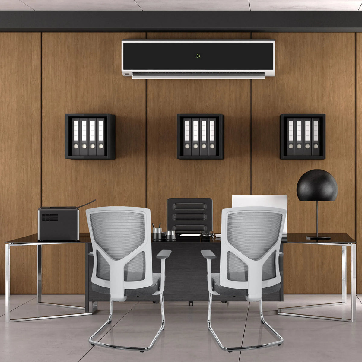 Two grey BRETON V W cantilever chairs with mesh backrests at a desk by hjh OFFICE