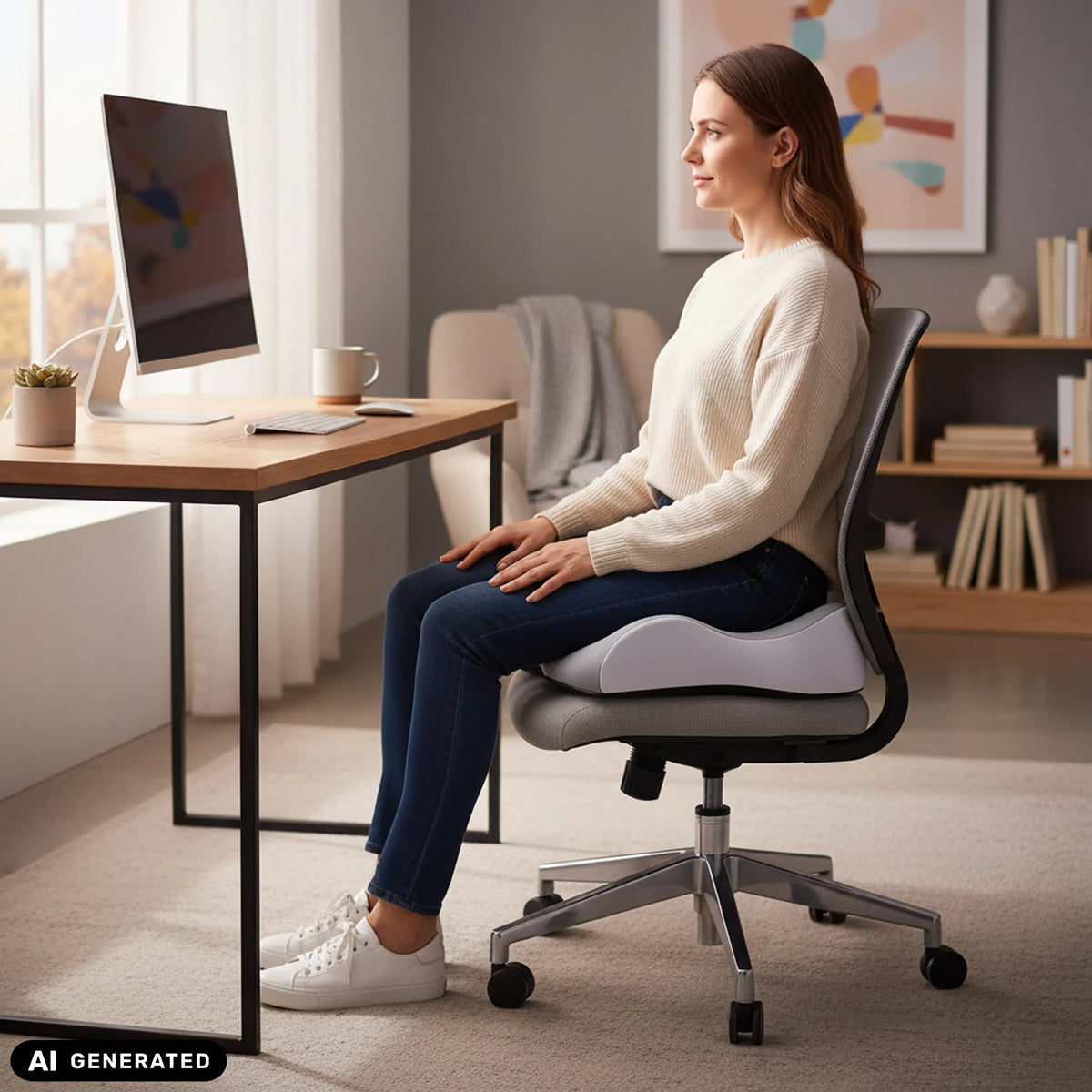 Grey MEDISIT IV seat cushion on an office chair by hjh OFFICE (AI-generated image)