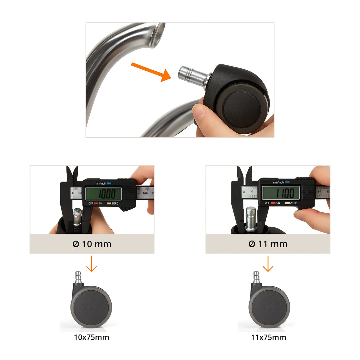 Messung des Bolzendurchmessers von 10 mm und 11 mm für Stuhlrollen 5x ROLO No-Noise 11mm/75mm von hjh OFFICE