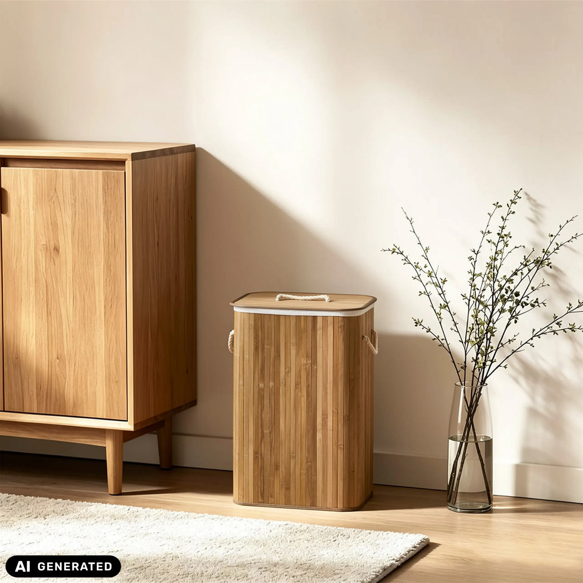 Wäschekorb Falster 72 aus Bambus mit weißem Deckel und Tragegriffen von hjh LIVING (KI-generiertes Bild)