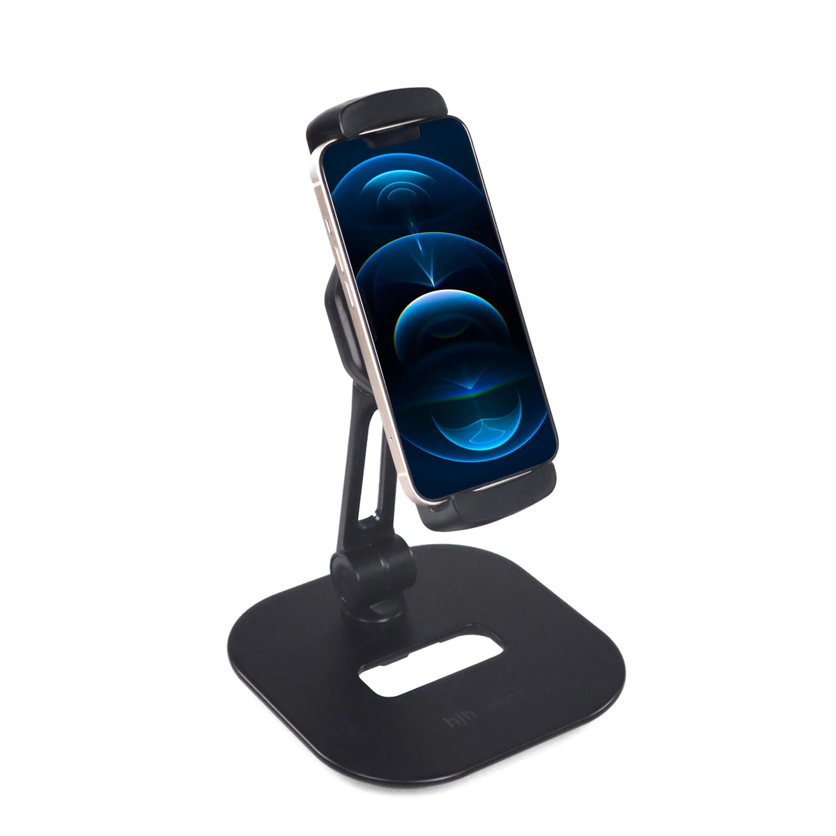 Black Mobile phone & tablet holder FLEXMOBI IV with stand and holding clamp by hjh OFFICE – 360-degree view (front three-quarter view 60°)