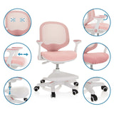 Pink children's chair KID ERGO with detailed views of the adjustable armrests, seat height and castors by hjh OFFICE