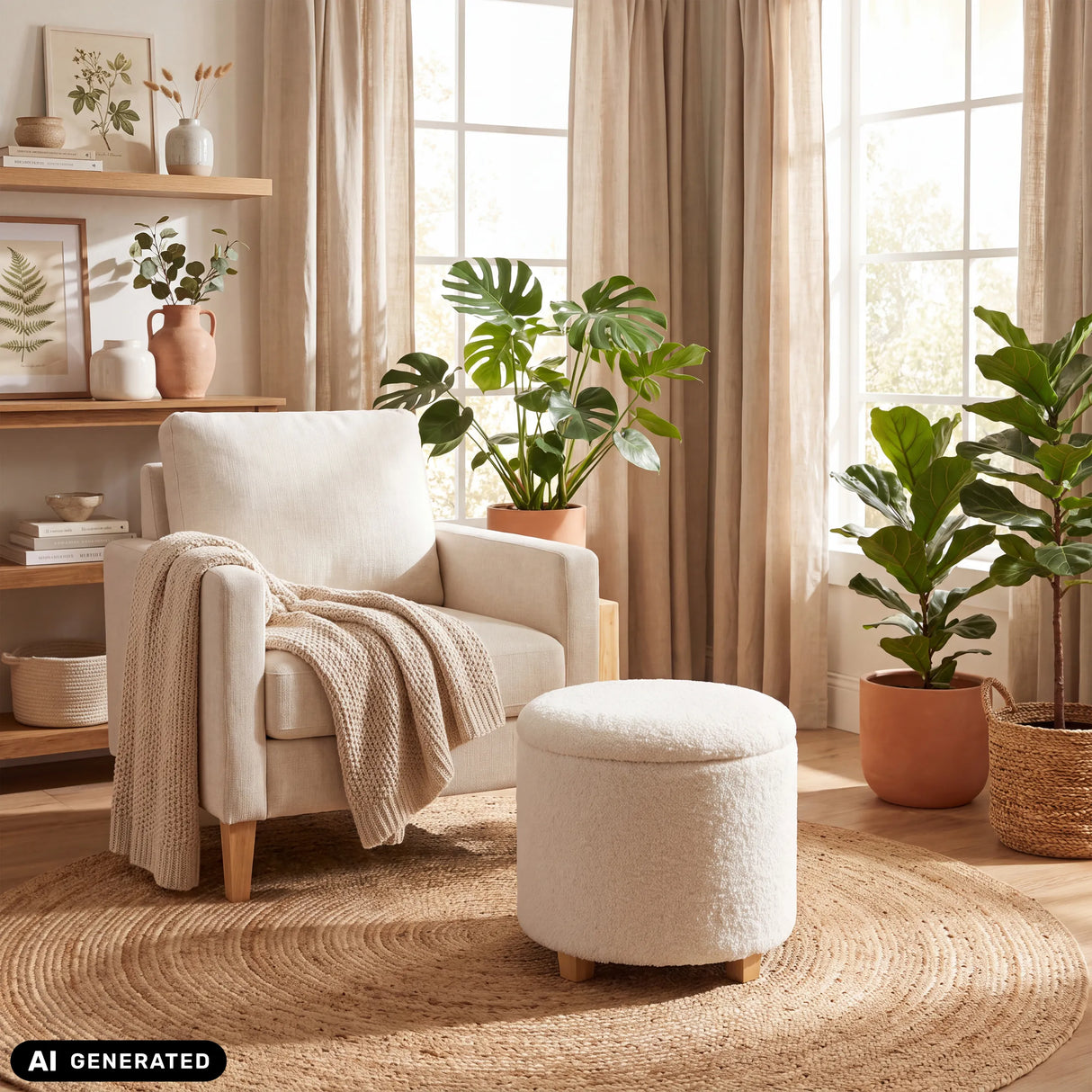 White Storiano S upholstered stool with fabric cover and wooden legs by hjh LIVING (AI-generated image)