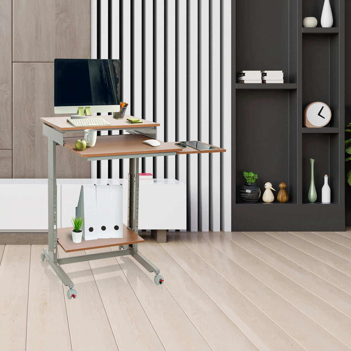 Standing desk WORKSTATION in beech and grey with three levels and castors by hjh OFFICE