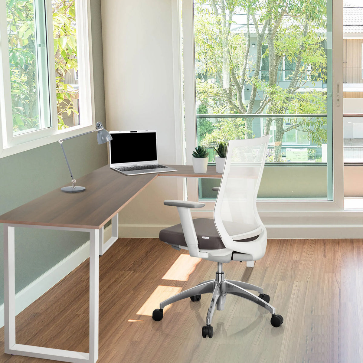 Corner desk WORKSPACE BASIC I in walnut and white with white frame by hjh OFFICE