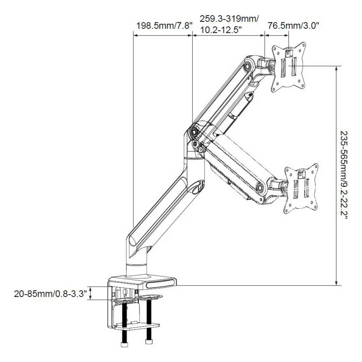 Technical drawing of the Monitor Mount VM-MG1S with a maximum height of 565 mm by hjh OFFICE