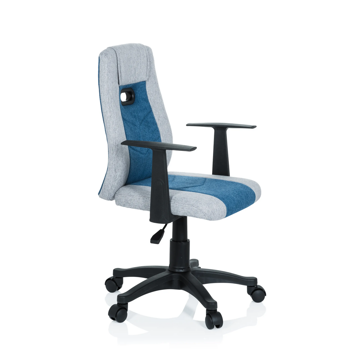 Grey-blue Swivel Chair – Children KIDDY EXTRA with armrests and five-caster base by hjh OFFICE – 360-degree view (front three-quarter view 60°)