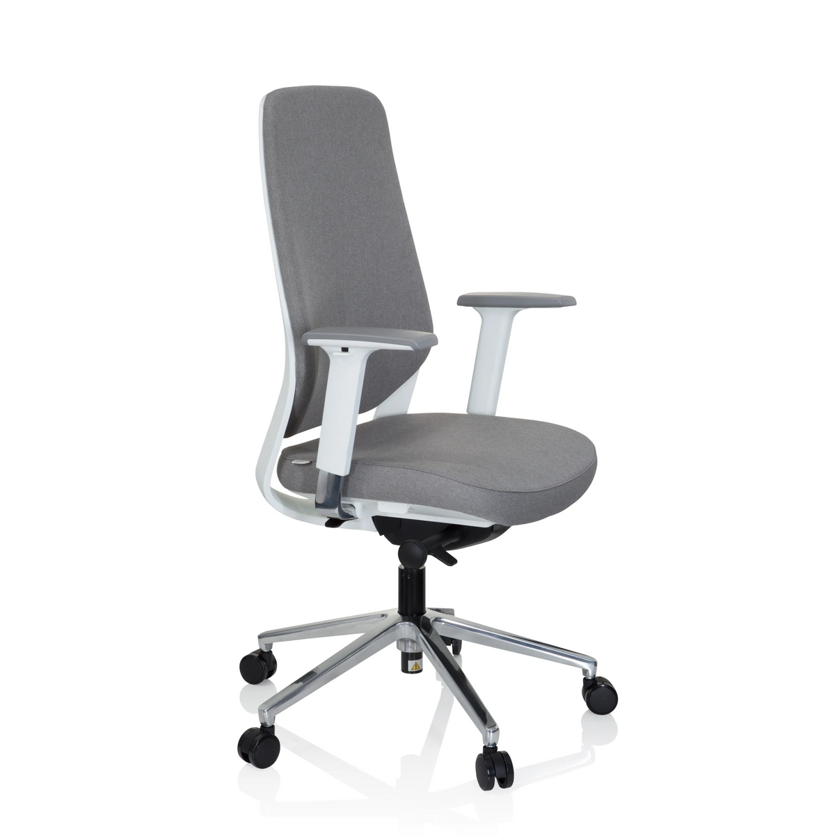 Grauer Profi-Bürostuhl CHIARO T4 WHITE mit Armlehnen und einem Fußkreuz mit fünf Rollen von hjh OFFICE – 360-Grad-Ansicht (schräge Frontansicht 60°)