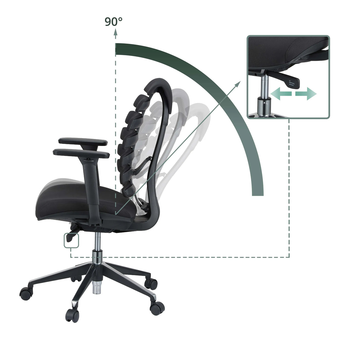 Tilt mechanism with 90 degree backrest adjustment of the Professional Office Chair ERGO LINE II by hjh OFFICE