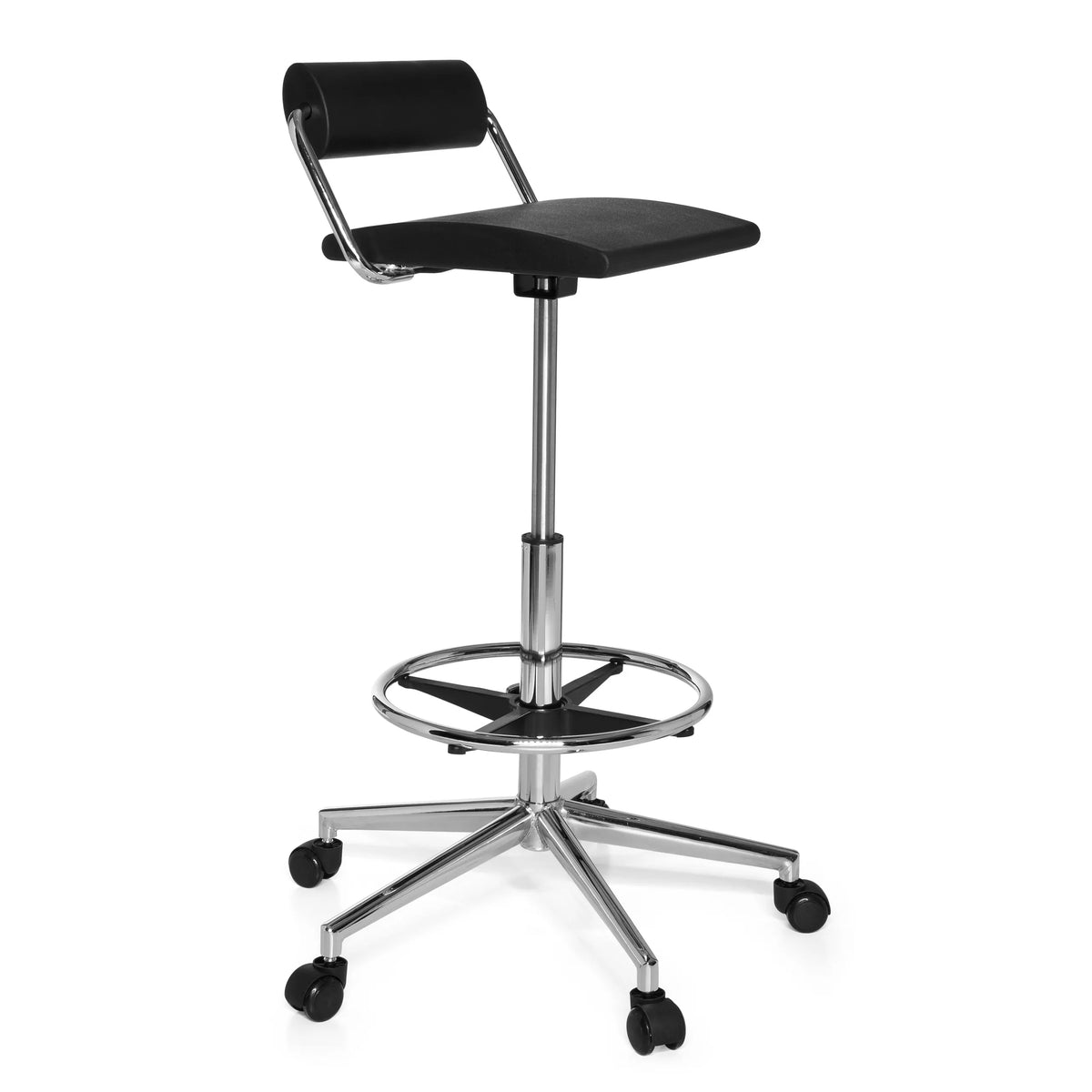 Black Swivel stool TOP WORK 28 with foot ring and five-caster base by hjh OFFICE – 360-degree view (front three-quarter view 60°)