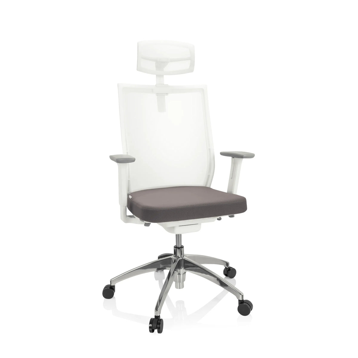 Grau-weißer Profi-Bürostuhl ASPEN WHITE PRO mit Netzrücken, Kopfstütze und Fußkreuz mit fünf Rollen von hjh OFFICE – 360-Grad-Ansicht (Frontansicht 20°)