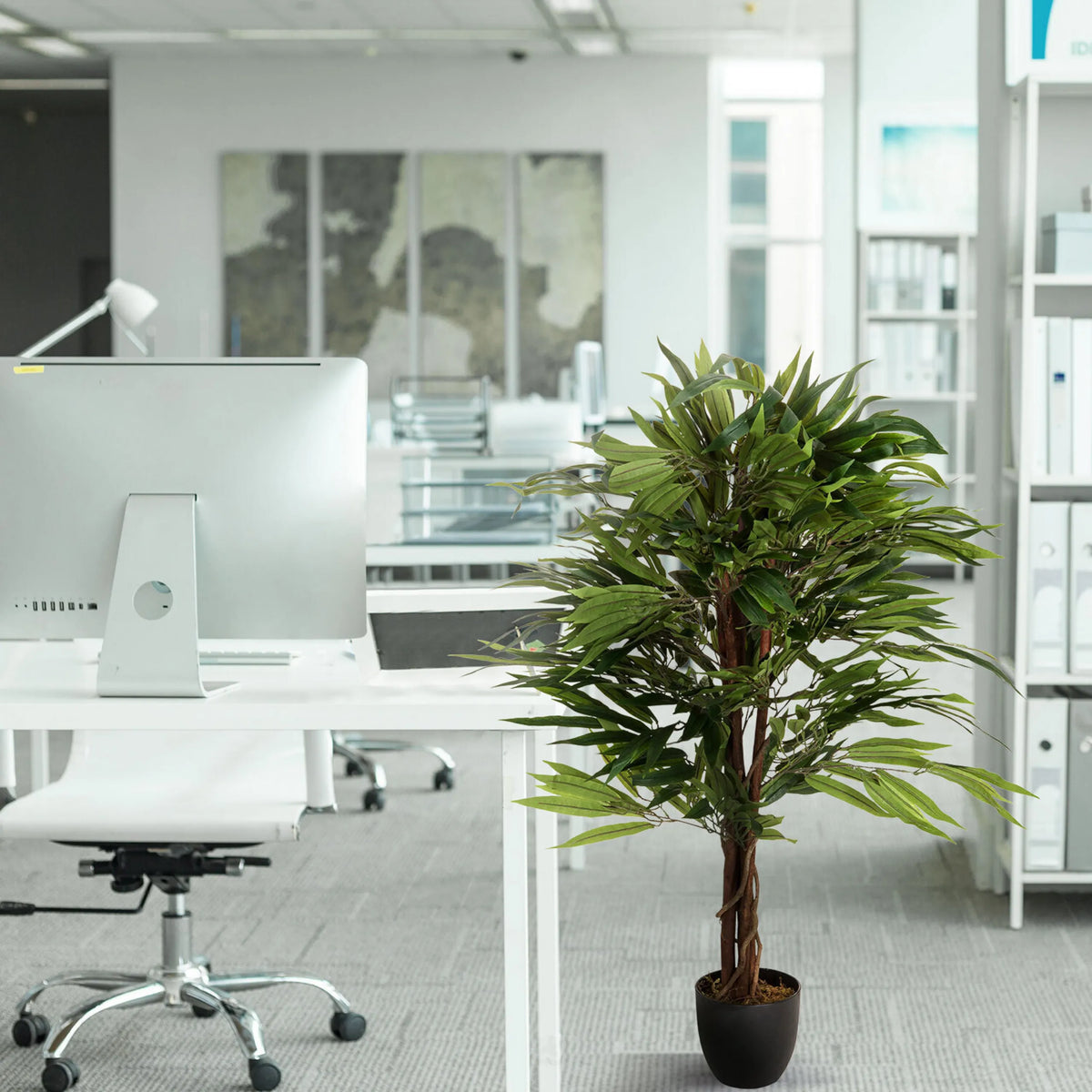 Green artificial plant MANGO in a dark outer pot in the office by hjh OFFICE