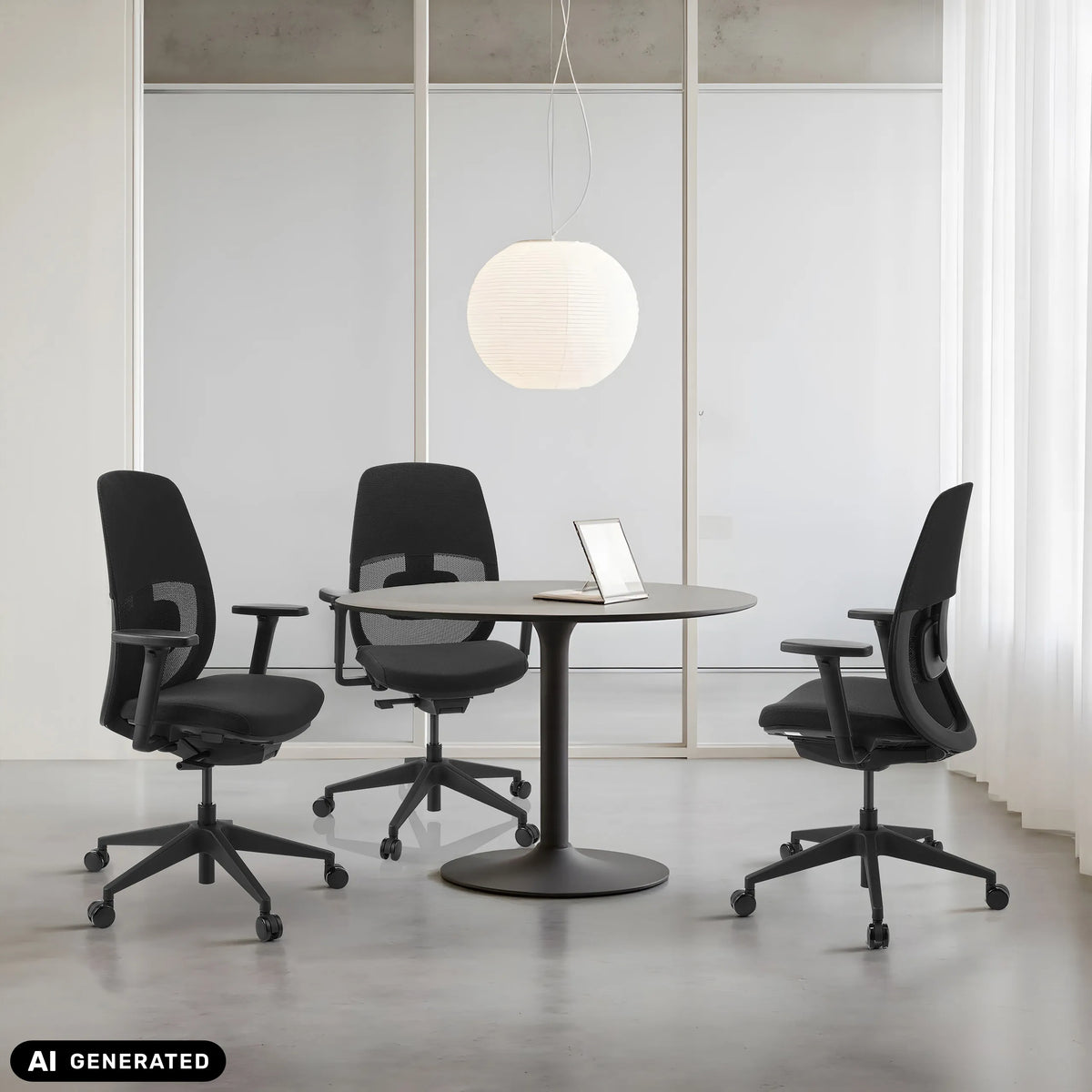 Three Skandis professional office chairs in black at a round table by hjh OFFICE (AI-generated image)