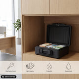 Open black Safe Compact Slim with bundles of money on a wooden shelf by hjh OFFICE (AI-generated image)