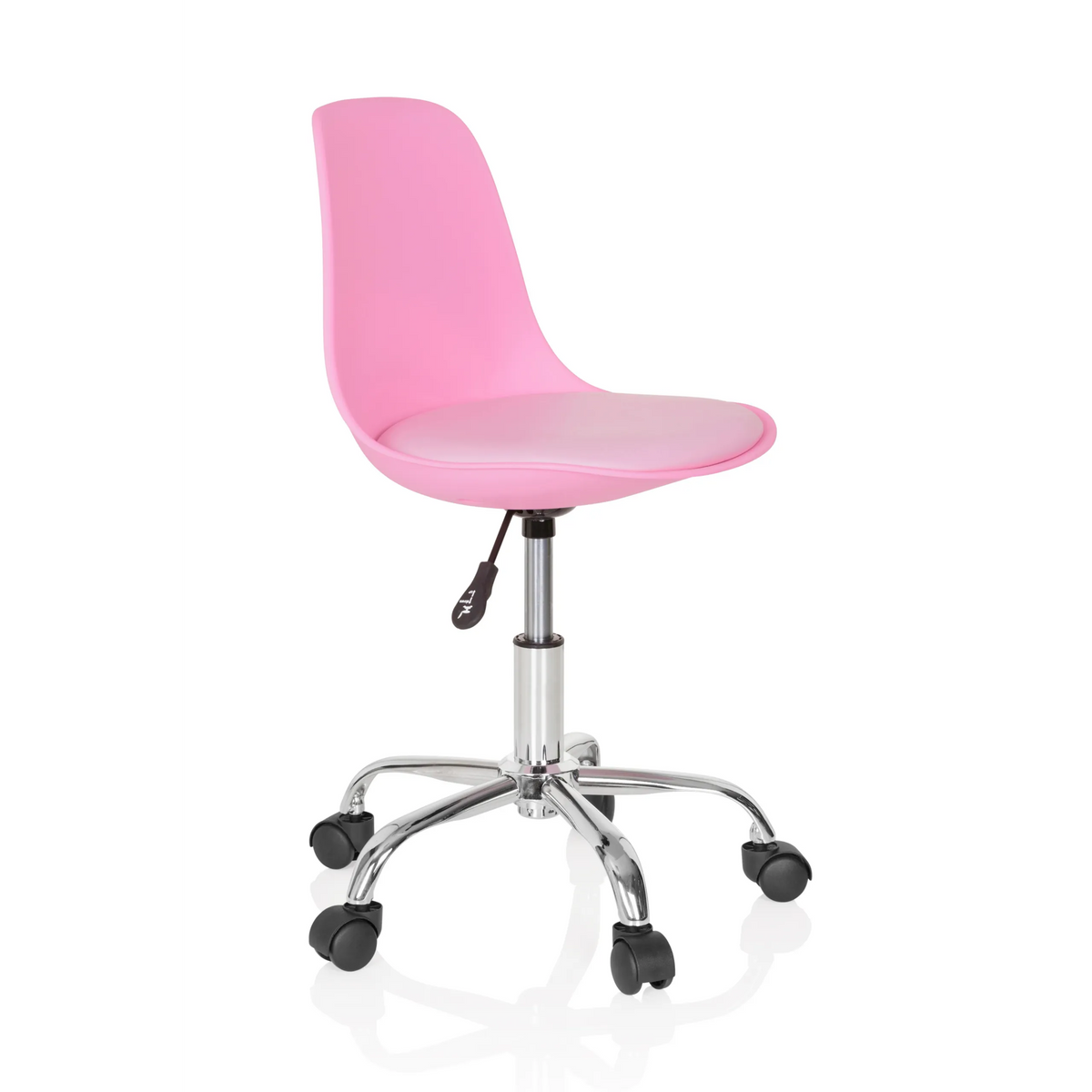 Pink Swivel Chair – Children FANCY II with curved shell and five-caster base by hjh OFFICE – 360-degree view (front three-quarter view 60°)