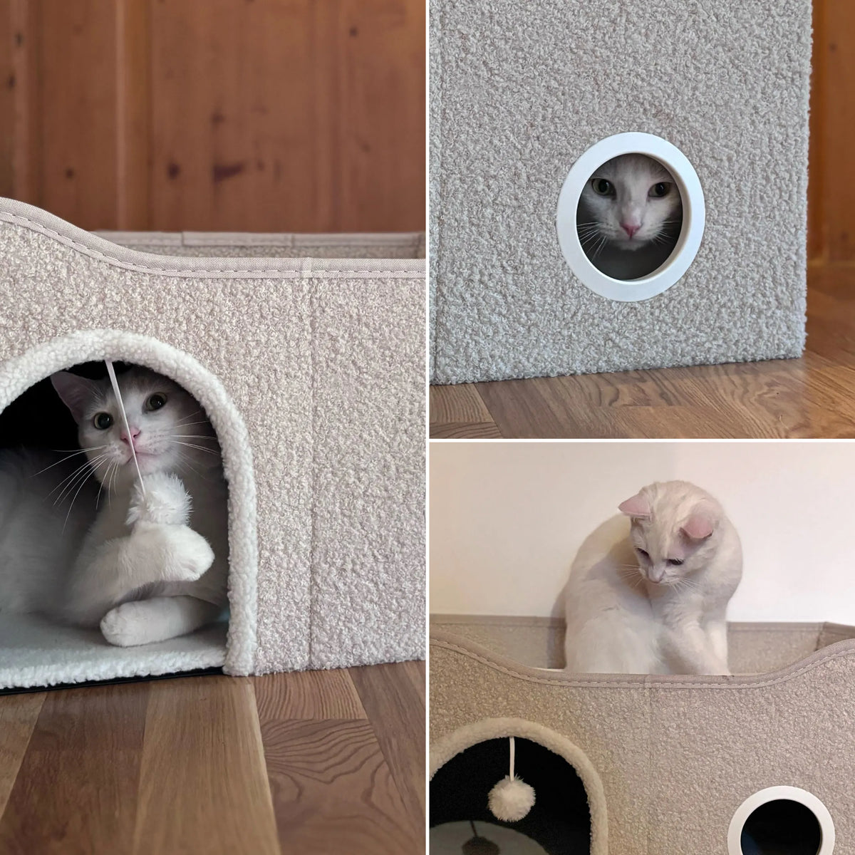 Beige PAWY EB cat cave with a round entrance, a play ball and a white cat by hjh LIVING
