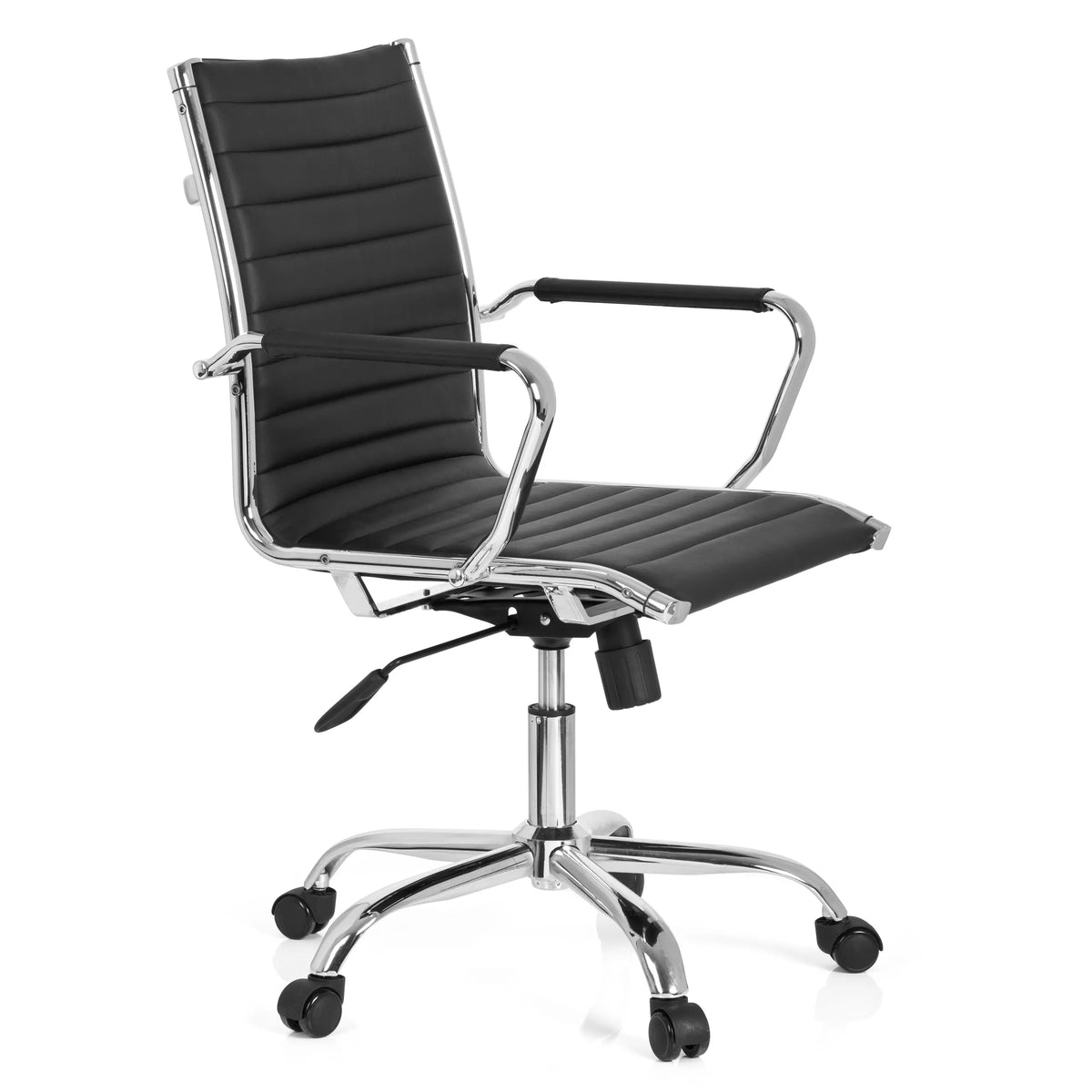 Black Professional Executive Chair VEMONA 10 with horizontal quilting and five-caster base by hjh OFFICE – 360-degree view (front three-quarter view 60°)