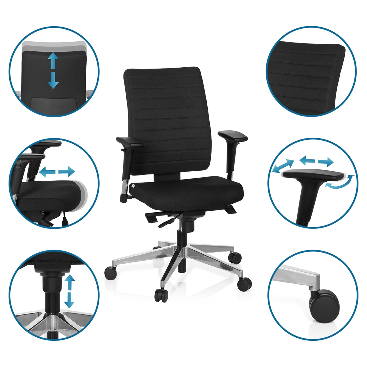 Adjustable features of the Professional Office Chair PRO-TEC 350 in black by hjh OFFICE